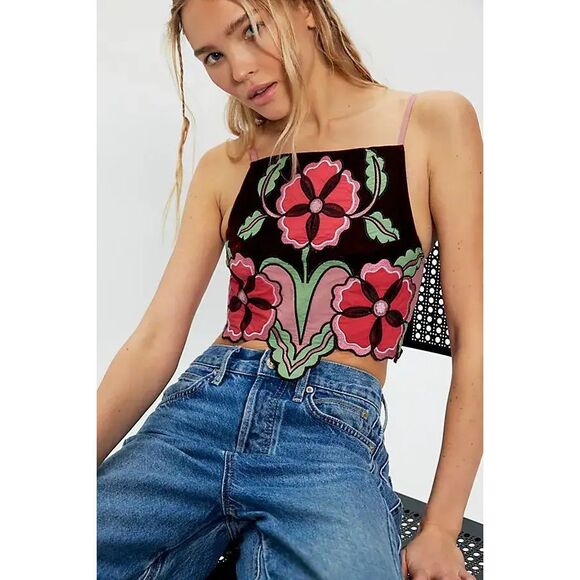 Free People Tops - NWT Floral Velvet Embroidered Crop Top Boho Festival Statement Piece $148 MSRP